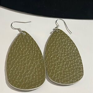 Fall green colored teardrop, vegan leather hook style earrings. New